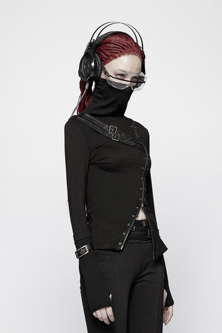 Black High Collar Long Sleeves Zipper Leather Buckle Women's Steampunk T-Shirt - Product - 5
