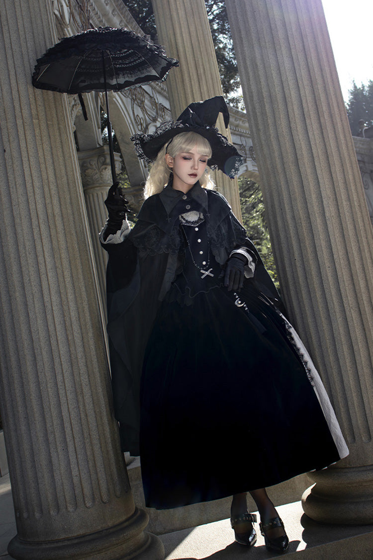 Black Witch Long Sleeves Ruffle Bowknot Stitching Lace Gothic Lolita Long Dress - Product - 11