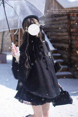 Black Long Sleeves Lace Gothic Japanese Lolita Fluffy Cloak Coat - Product - 3