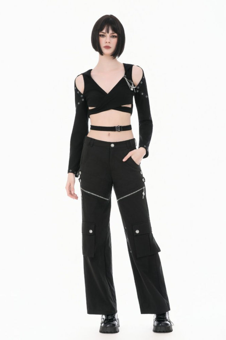 Black Women's Punk Big Pocket Cross Zippered Eyelet Cargo Pants - Product - 8