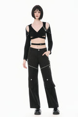 Black Women's Punk Big Pocket Cross Zippered Eyelet Cargo Pants - Product - 8