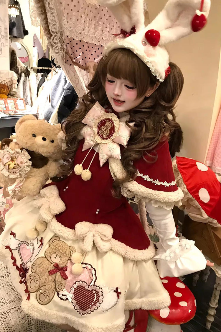 Red [New Year] Long Sleeves Embroidered Bow Lace Sweet Lolita Skirt and Rabbit Ears Cloak Set - Product - 7