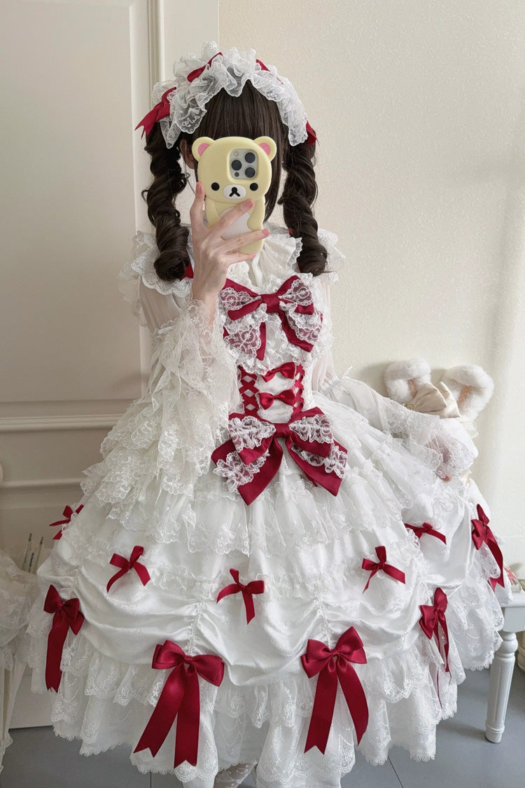 White/Red [Silk Satin Gift Box] Square Collar Sleeveless Multi-Layered Ruffled Bow Lace Sweet Lolita Jsk Dress - Product - 5