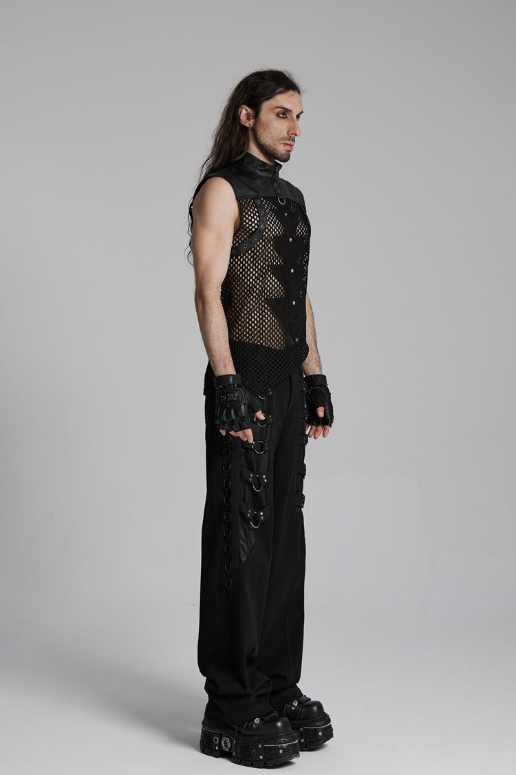 Black Stand Collar Sleeveless Mesh Triangle Eyelets Men's Punk Vest - Product - 2