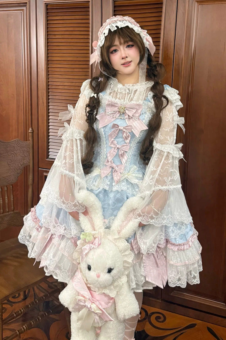 Blue/Pink [Prelude of Ribbons] Square Collar Sleeveless Jacquard Ruffled Open-Front Bow Lace Pearl Detail Floral Wall Plus Size Sweet Lolita Jsk Dress - Product - 5