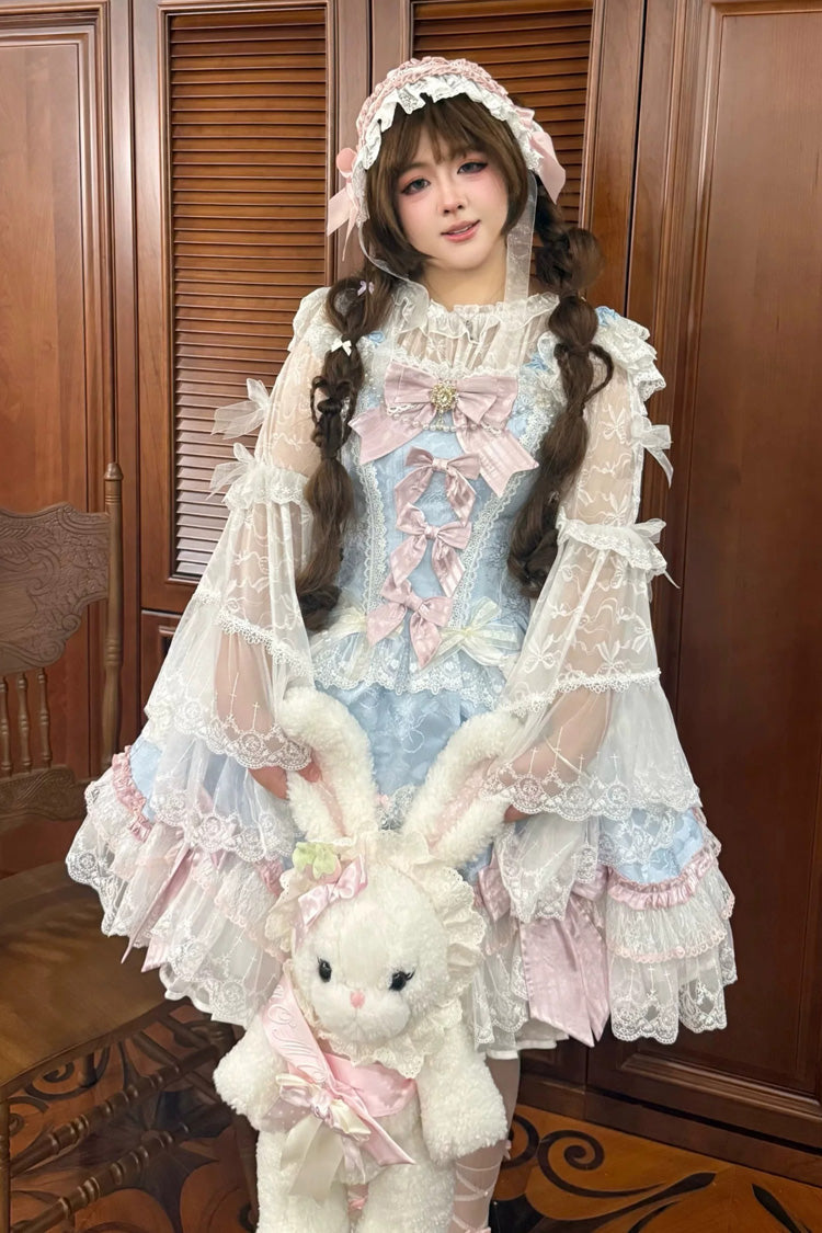 Blue/Pink [Prelude of Ribbons] Square Collar Sleeveless Jacquard Ruffled Open-Front Bow Lace Pearl Detail Floral Wall Plus Size Sweet Lolita Jsk Dress - Product - 5