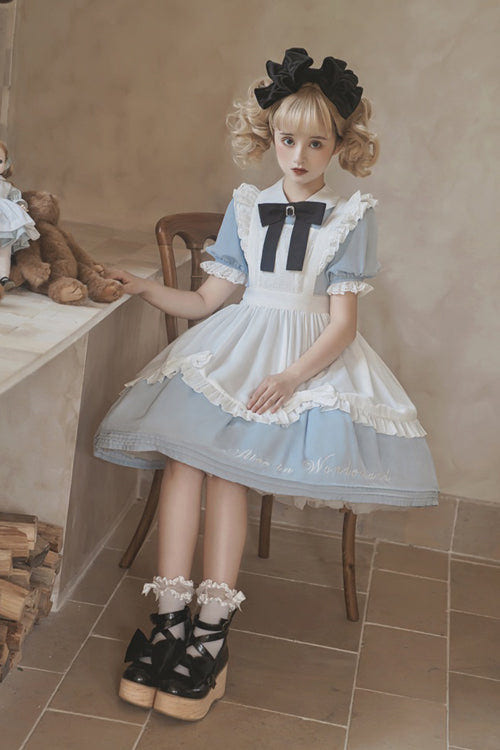 Round Collar Lace Puff Short Sleeves With Apron Sweet Lolita Dress - Product - 2