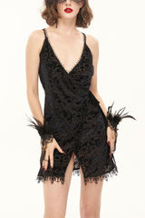 Black Sexy Super V-Neck Velvet Jacquard Lace Lace-Up Women's Gothic Dress - Black - 1