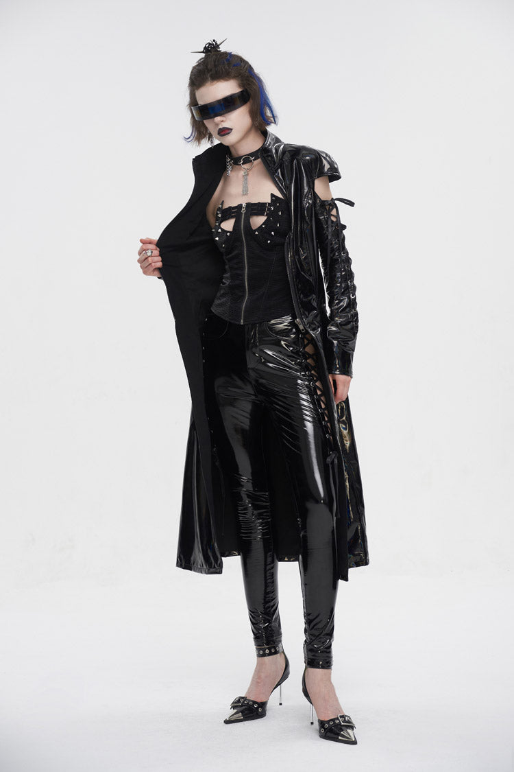 Black Lace Up Mesh Splice Patent Leather Long Women's Punk Coat - Product - 2