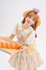 Yellow [Happy Day] Short Sleeves Triple-Layered Print Bowknot Lace Sweet Princess Lolita Dress - Product - 14