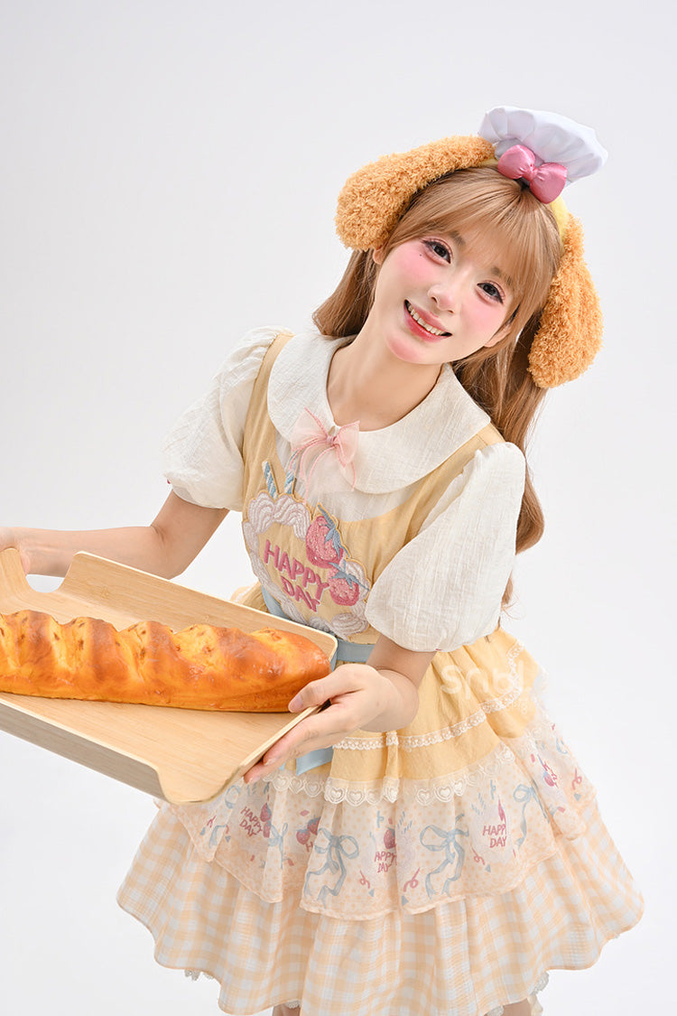 Yellow [Happy Day] Short Sleeves Triple-Layered Print Bowknot Lace Sweet Princess Lolita Dress - Product - 14