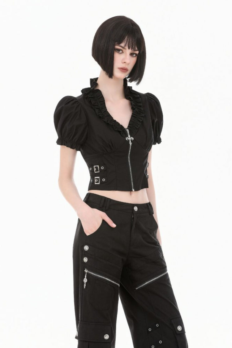 Black Women's Punk Ruffled V Collar Short Puff Sleeves Buckled Waist Zippered Crop Top - Product - 9