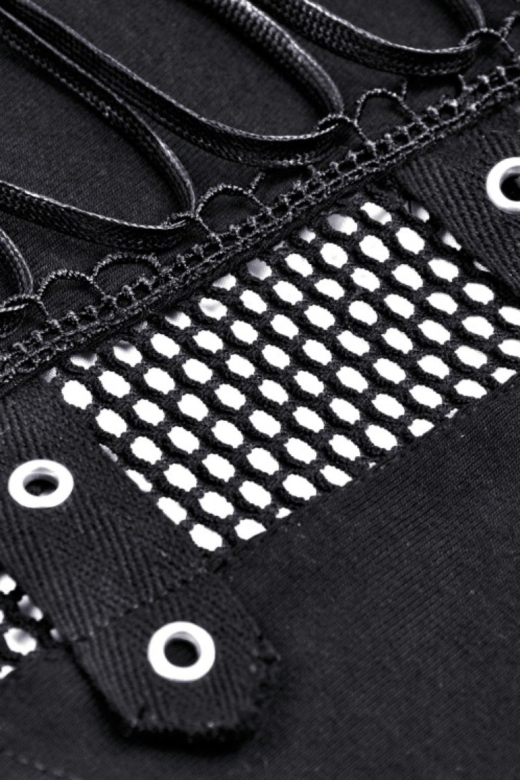 Black Long Sleeves Cut-Out Spliced Mesh Zippered Strappy Eyelet Women's Punk Crop Top - Product - 16