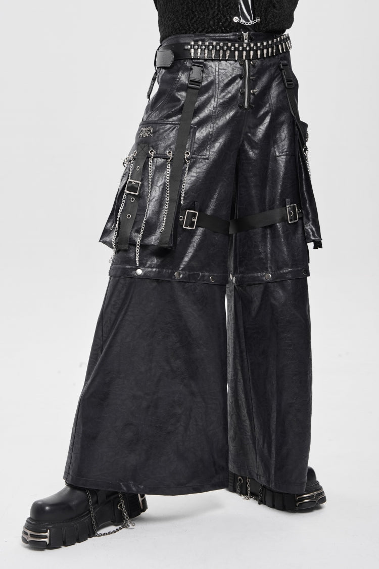 Black Big Pockets Straps Chain Men's Punk Pants - Product - 2
