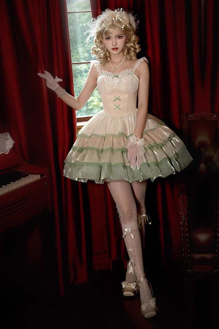 Ivory/Green Glass Dream Multi-layer Ruffle Fish Bone Sweet Lolita Jsk Dress - Product - 6