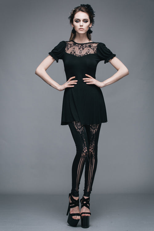 Black Patterned Lace Neck Short Sleeves Womens Mid-Length Gothic T-Shirt - Product - 6