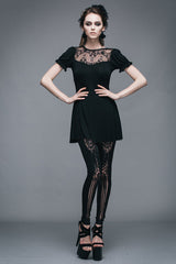 Black Patterned Lace Neck Short Sleeves Womens Mid-Length Gothic T-Shirt - Product - 6