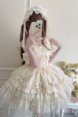 Apricot [Ribbon Heart Love] Sleeveless Multi-Layered Ruffle Bowknot Lace Lace-Up Sweet Princess Ballet Lolita Jsk Dress - Product - 5