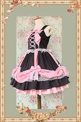 Black/Pink [Gift Box] Sleeveless Double-Layered Ruffled Bow Lace-Up Sweet Lolita Jsk Dress - Product - 3