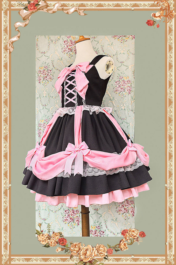 Black/Pink [Gift Box] Sleeveless Double-Layered Ruffled Bow Lace-Up Sweet Lolita Jsk Dress - Product - 3