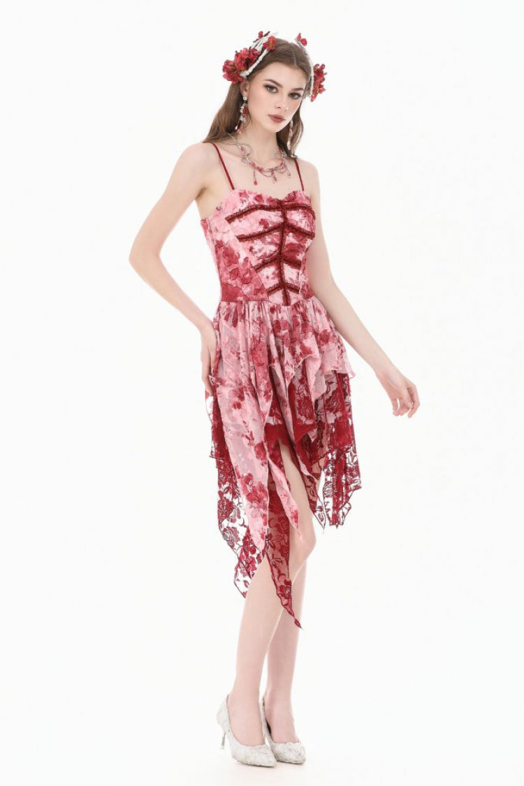 Red/White Multi-Layered Asymmetric Tie-dyed Women's Gothic Slip Dress - Product - 9
