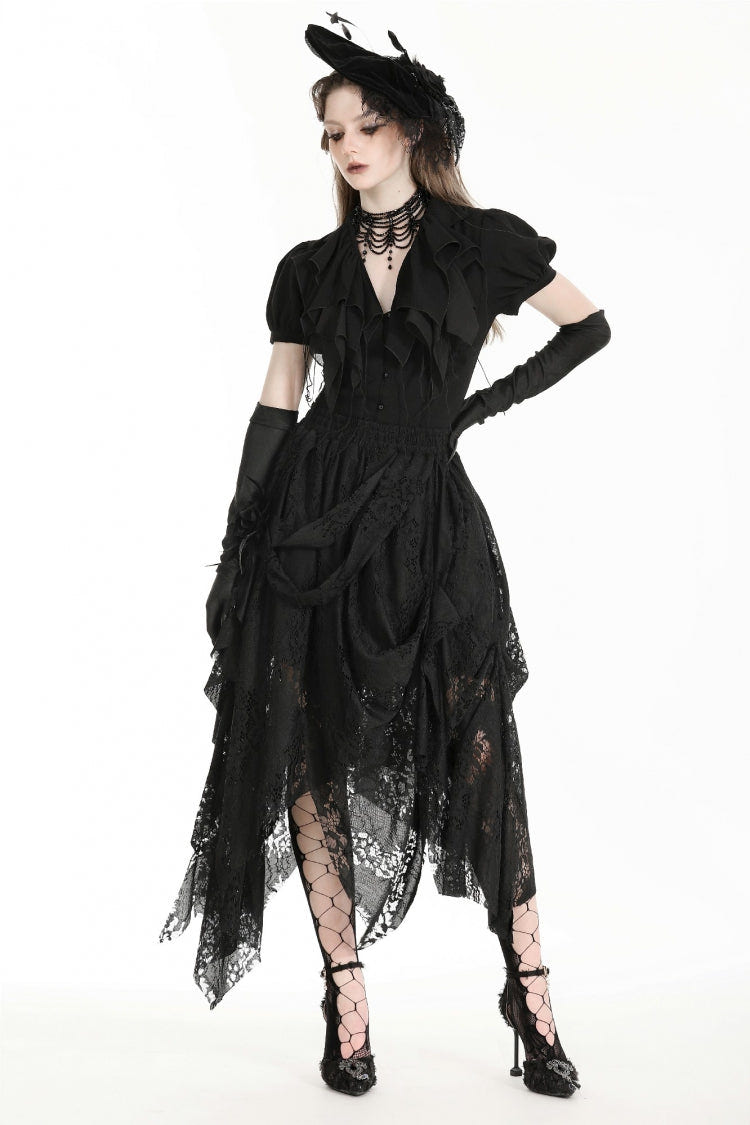 Black Women's Gothic Lace Irregular Distressed Hanky‑Hem Skirt - Product - 11