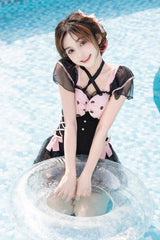 Black/Pink Blackberry Bubble Water Wave Dot Printing Bow Lolita One Piece Swimsuit - Product - 3