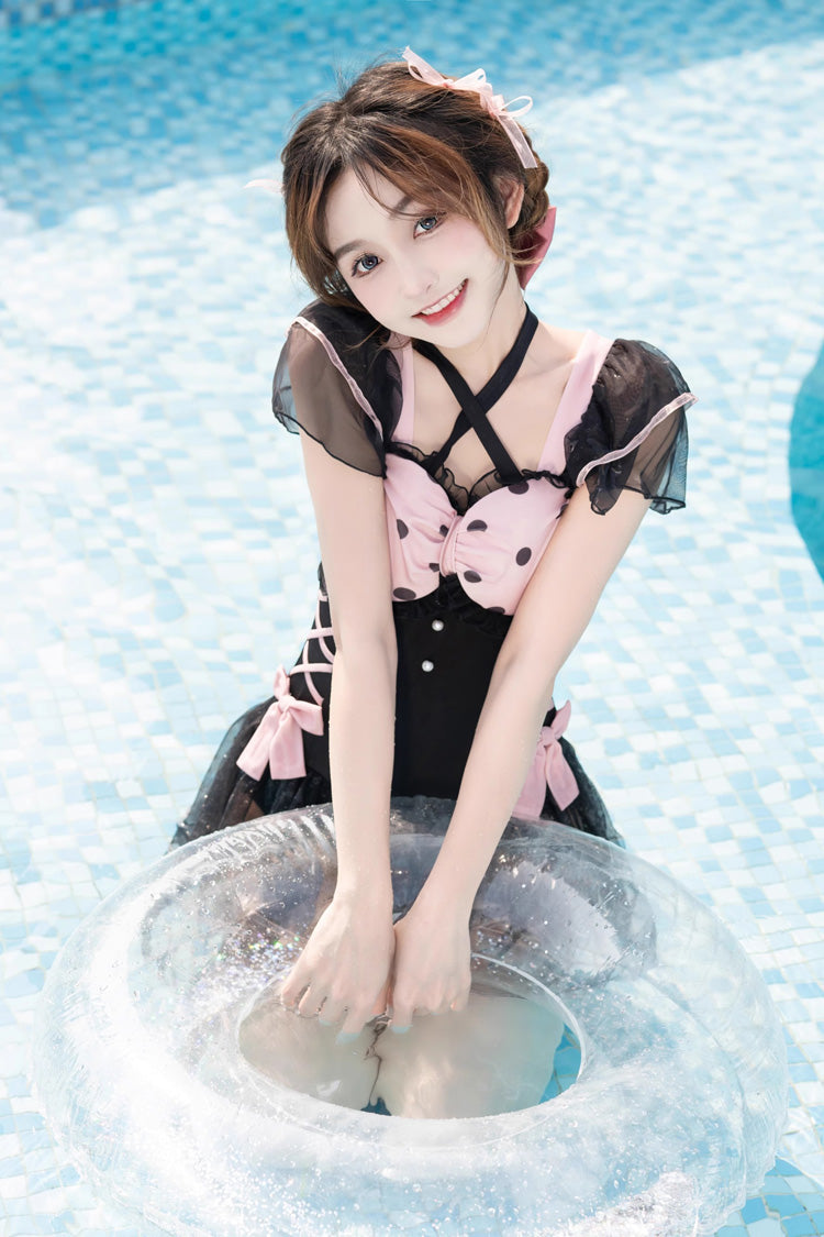 Black/Pink Blackberry Bubble Water Wave Dot Printing Bow Lolita One Piece Swimsuit - Product - 3