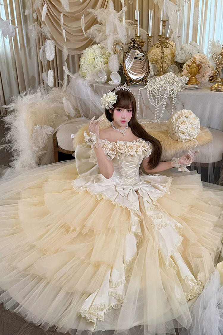 Apricot [Heart’s Beloved Rose] Sleeveless Ruffled Hanayome Bow Lace Lace-Up Sweet Lolita Jsk long Dress - Product - 11