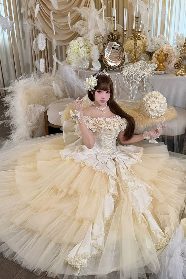 Apricot [Heart’s Beloved Rose] Sleeveless Ruffled Hanayome Bow Lace Lace-Up Sweet Lolita Jsk long Dress - Product - 11