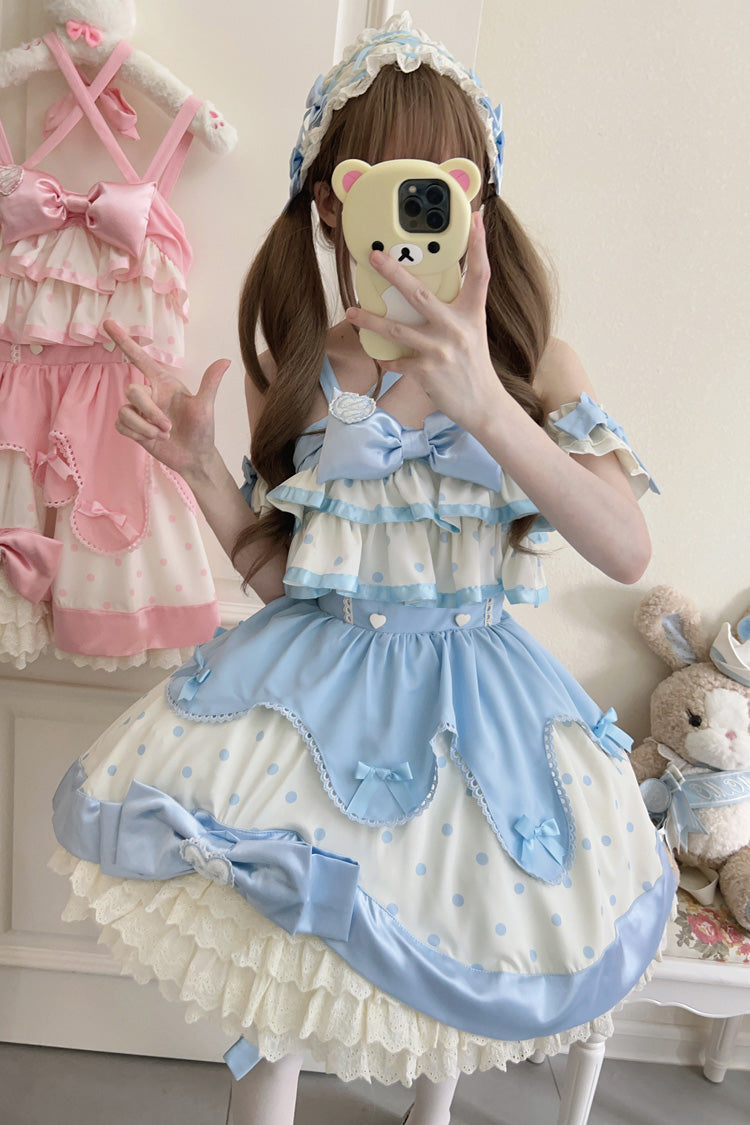 Blue Cream Multi-Layered Polka Dots Print Ruffle Bowknot Sweet Lolita Jsk Dress - Product - 2