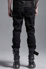 Black Metal Buckle Bandage Hollow Stitching Irregular Ripped Men's Gothic Pants - Product - 3