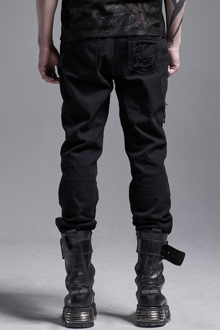 Black Metal Buckle Bandage Hollow Stitching Irregular Ripped Men's Gothic Pants - Product - 3