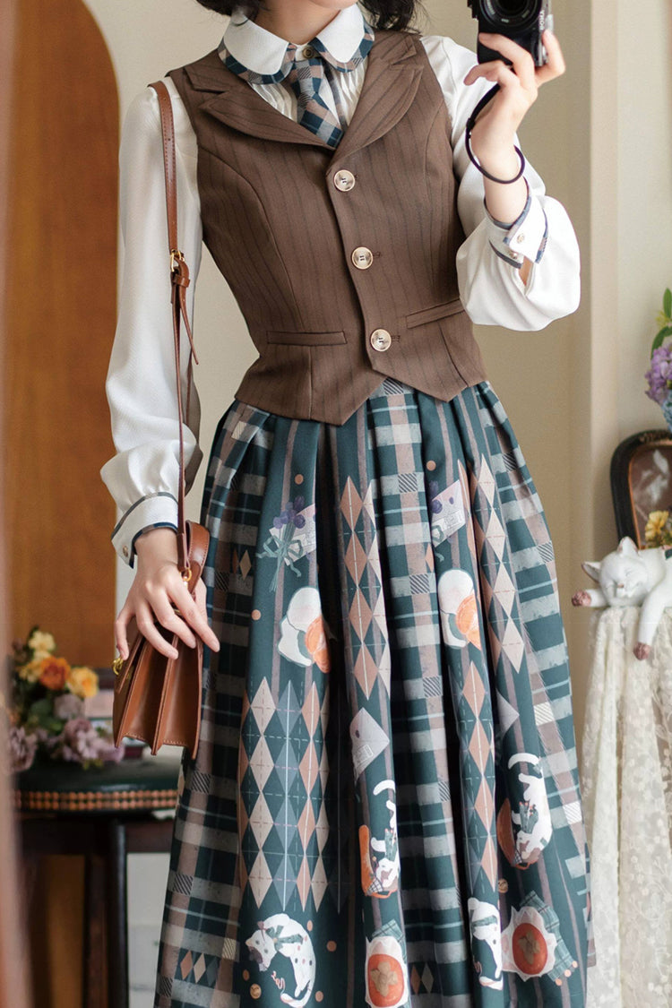 Brown V Collar Printed Classic Vintage College Style Ouji Lolita Vest - Product - 4