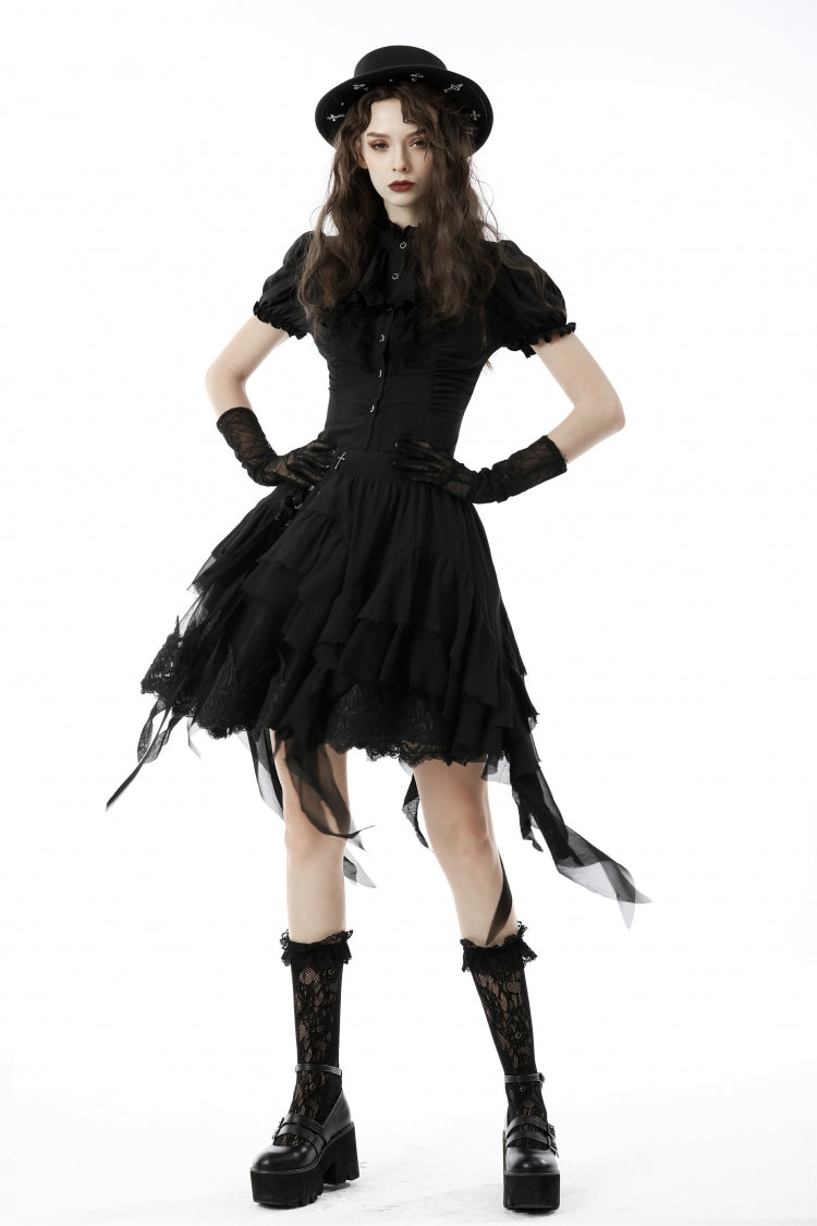 Black Ruffled Stand Collar Lace Jabot Short Puff Sleeves Front Button‑Up Lace-Up Women's Gothic Blouse - Product - 8