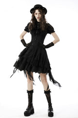Black Ruffled Stand Collar Lace Jabot Short Puff Sleeves Front Button‑Up Lace-Up Women's Gothic Blouse - Product - 8