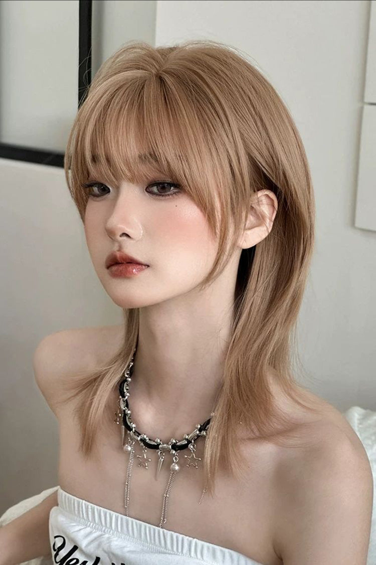Chestnut Linen Wolf Cut Samurai Style Clavicle‑Length Sweet Lolita Full Wig - Chestnut-Linen - 1