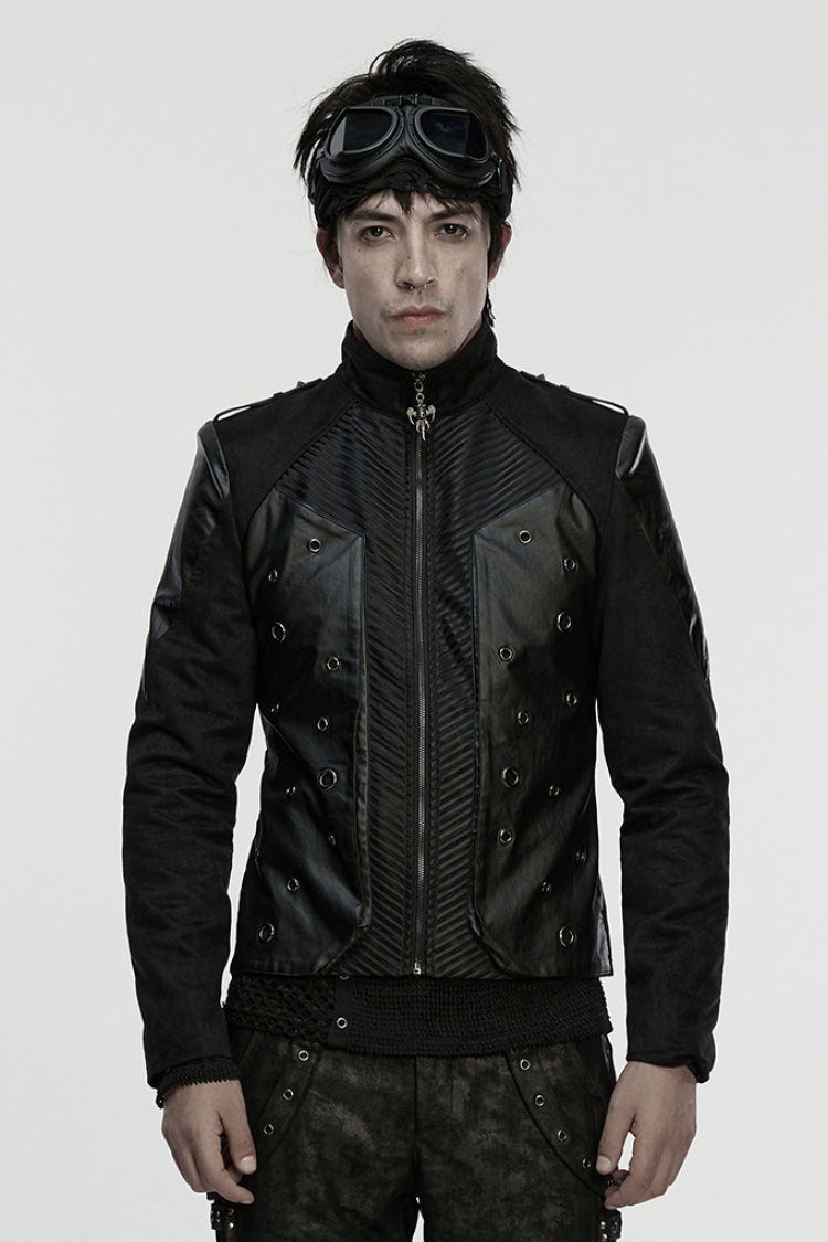 Black Stand Collar Long Sleeves Stitching Zipper Eyelet Men's Punk Jacket - Black - 1