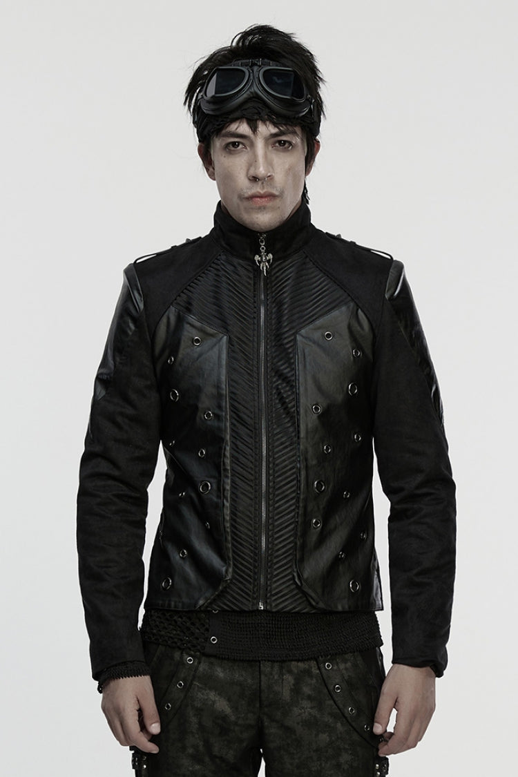 Black Stand Collar Long Sleeves Stitching Zipper Eyelet Men's Punk Jacket - Black - 1