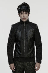 Black Stand Collar Long Sleeves Stitching Zipper Eyelet Men's Punk Jacket - Black - 1