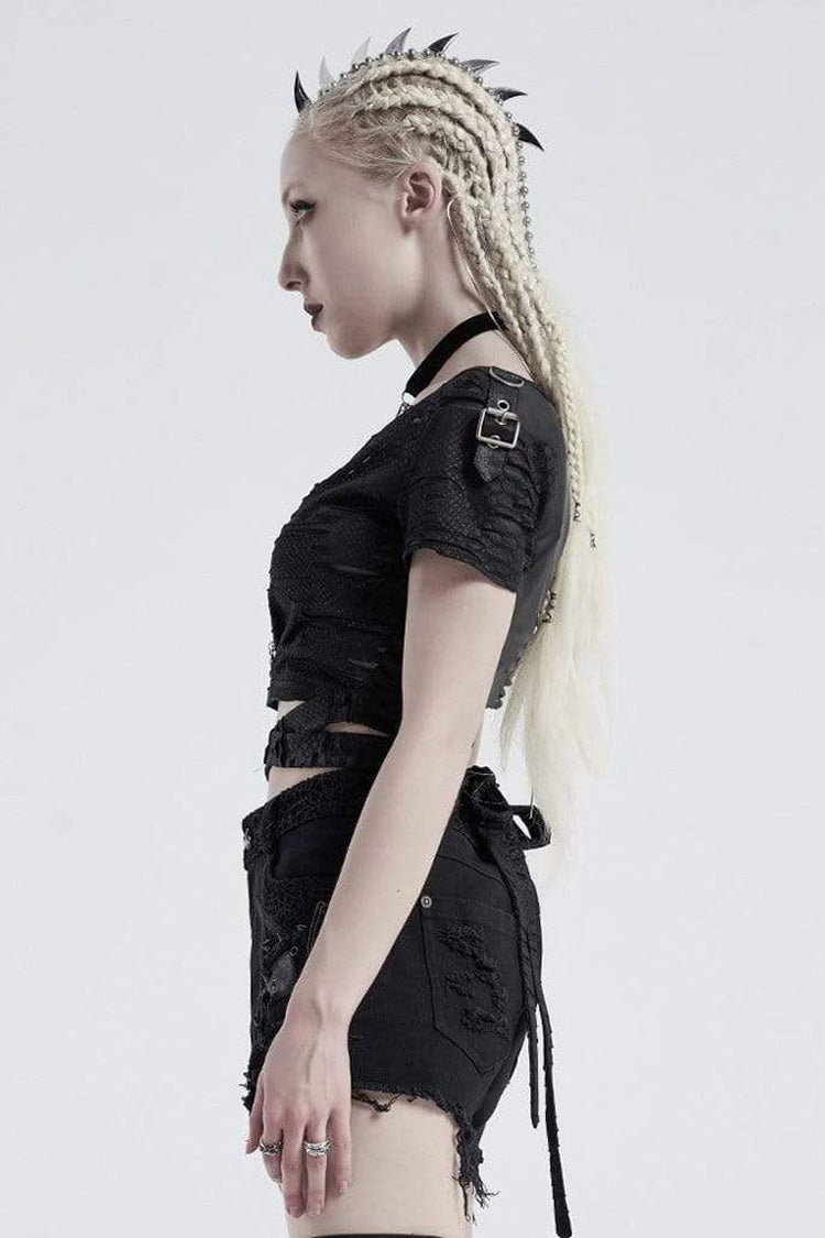 Black Knit V Neck Short Sleeve Back Waist Bandage Broken Holes Women's Punk T-Shirt - Product - 2