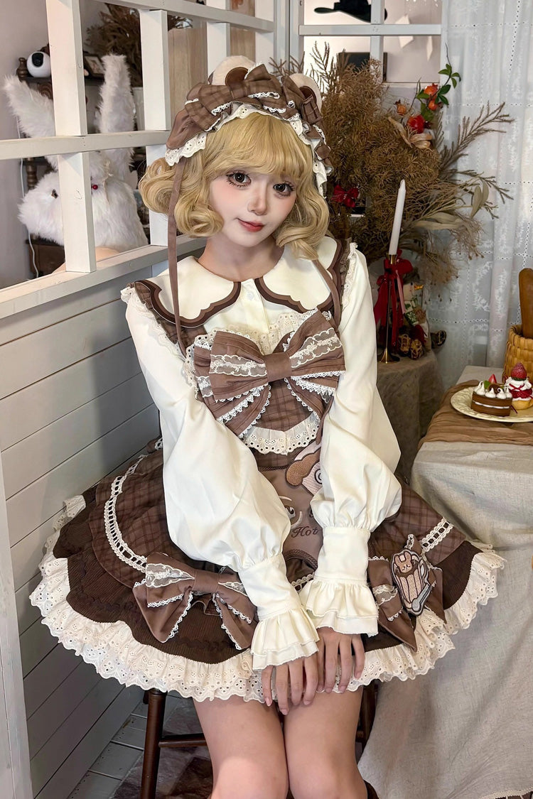 Brown [Hot Cocoa Little Bear] Sleeveless Print Ruffle Bowknot Lace Sweet Lolita Jsk Dress - Product - 3