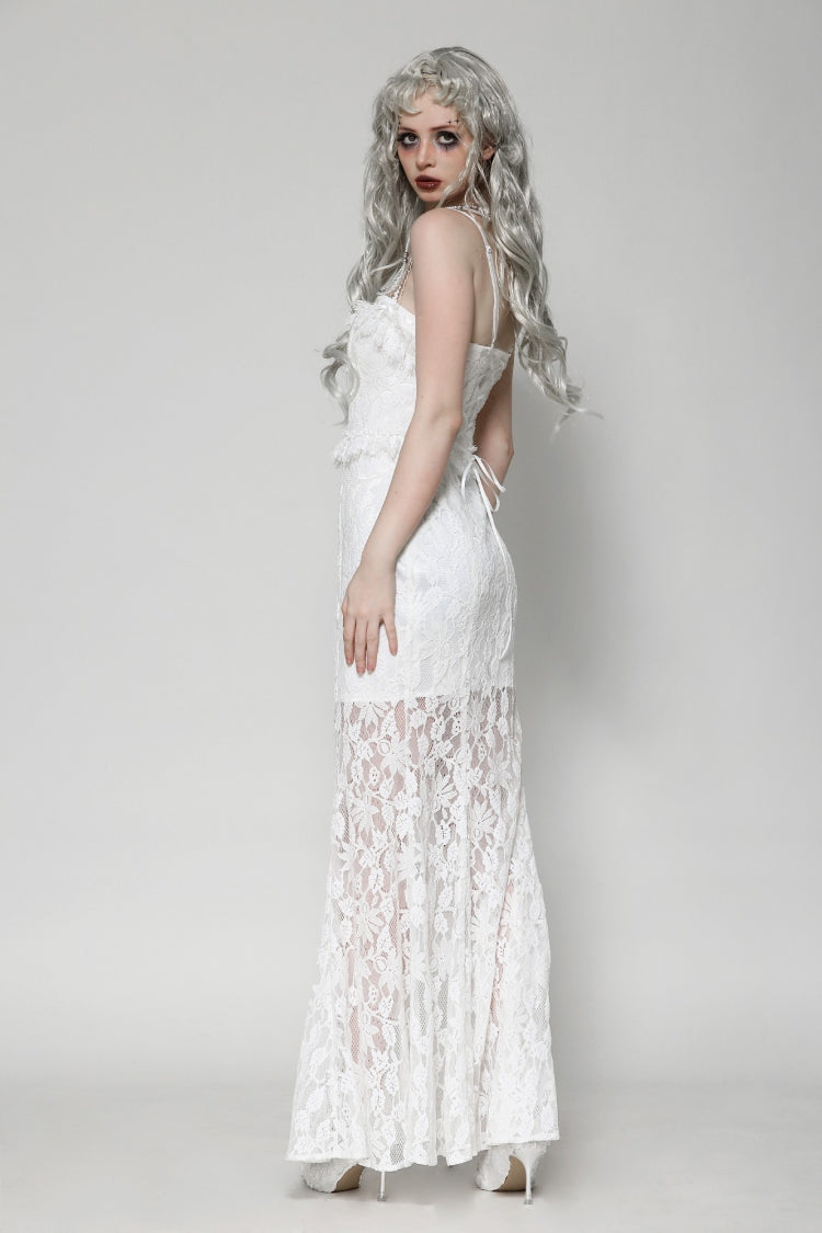 White Sleeveless Pleated Lace Women's Gothic Slip Dress Wedding Dress - Product - 6