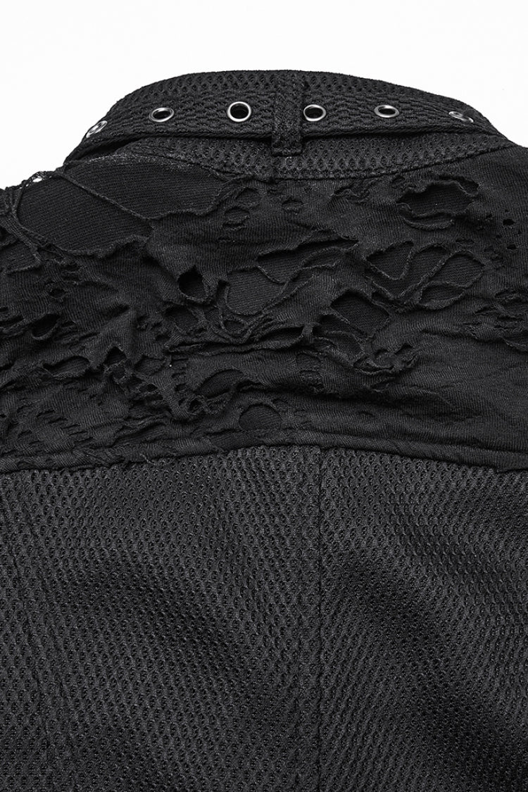 Black Stand Collar Sleeveless Ripped Buckle Women's Punk Short Vest - Product - 8