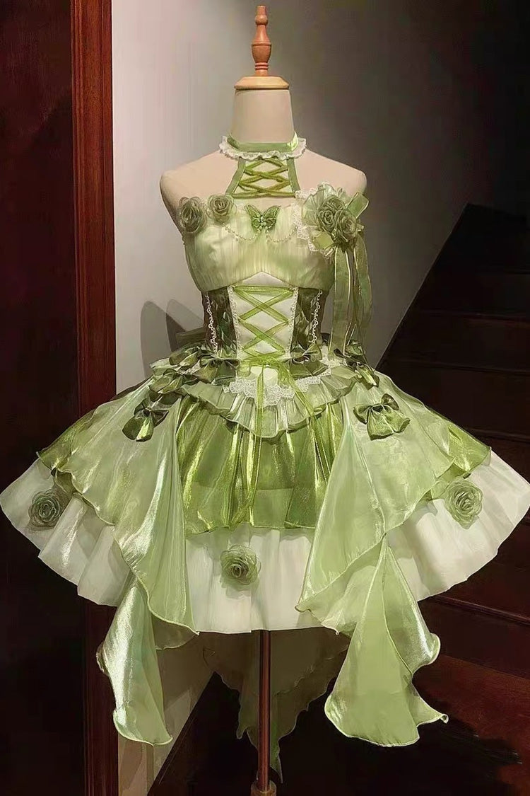 Green [Camellia Covenant] Halterneck Ruffled Bow Lace Lace-Up Sweet Lolita Jsk Dress - Product - 2