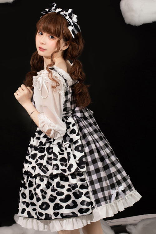 White/Black Milk Cow Plaid Panel Ruffled High Waisted Sweet Lolita JSK Dress - Product - 4