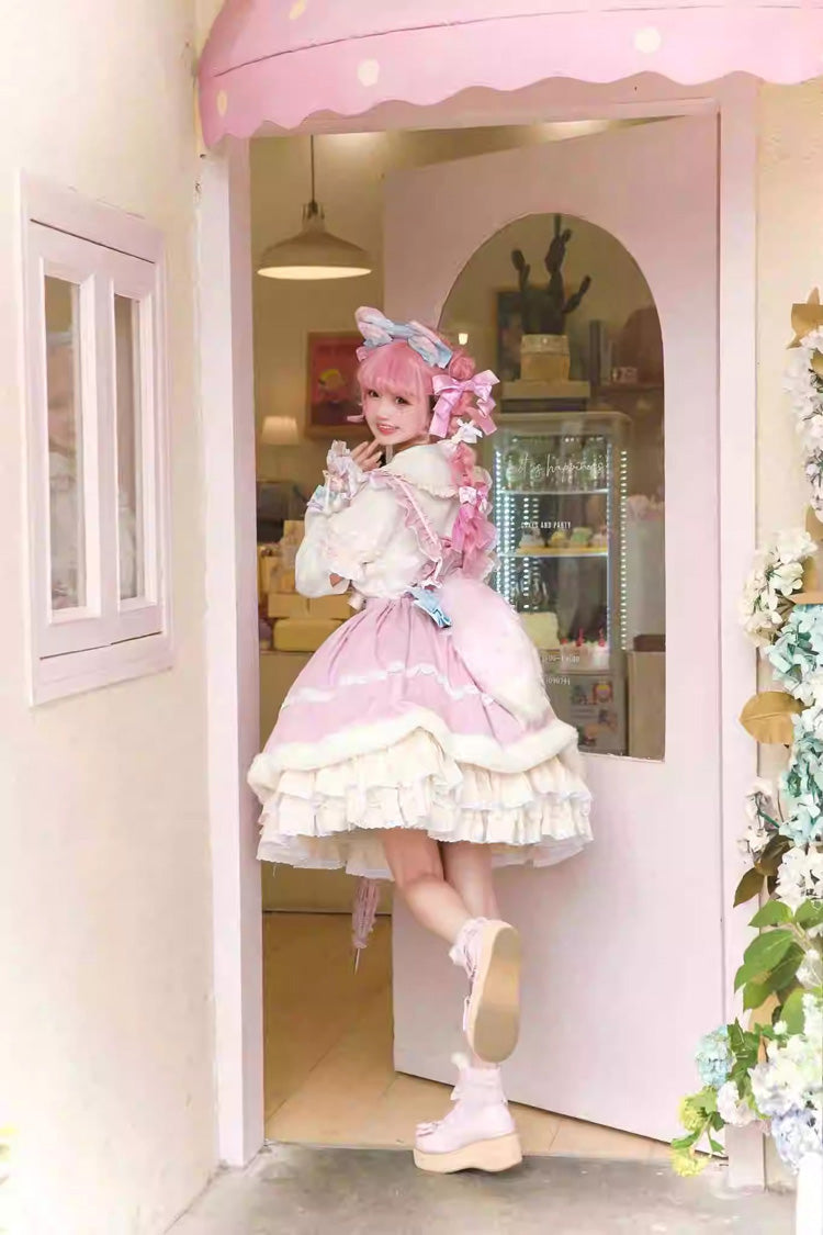 White/Pink Little Fox Multi-layer Ruffle Bowknot Long Sleeves Sweet Lolita Dress - Product - 8