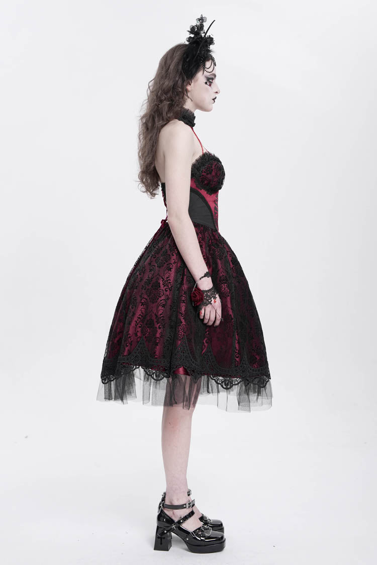 Red Halterneck Skeleton Print Embroidery Stitching Lace Women's Gothic Dress - Product - 6