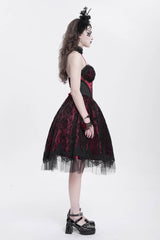Red Halterneck Skeleton Print Embroidery Stitching Lace Women's Gothic Dress - Product - 6