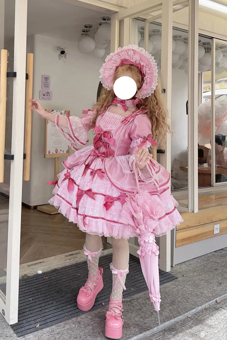 Pink [Velvet Cake] Long Trumpet Sleeves Multi-Layered Ruffle Bowknot Lace Sweet Lolita Dress - Product - 8